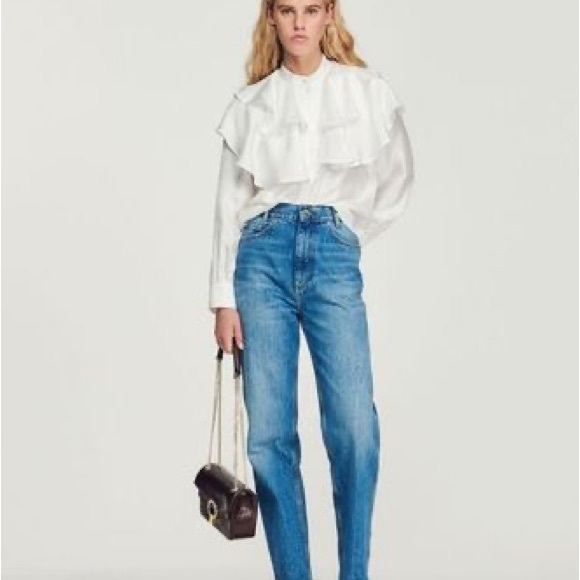 SANDRO COMEDIE RUFFLE YOKE SILK BLOUSE IN - Picture 6 of 8